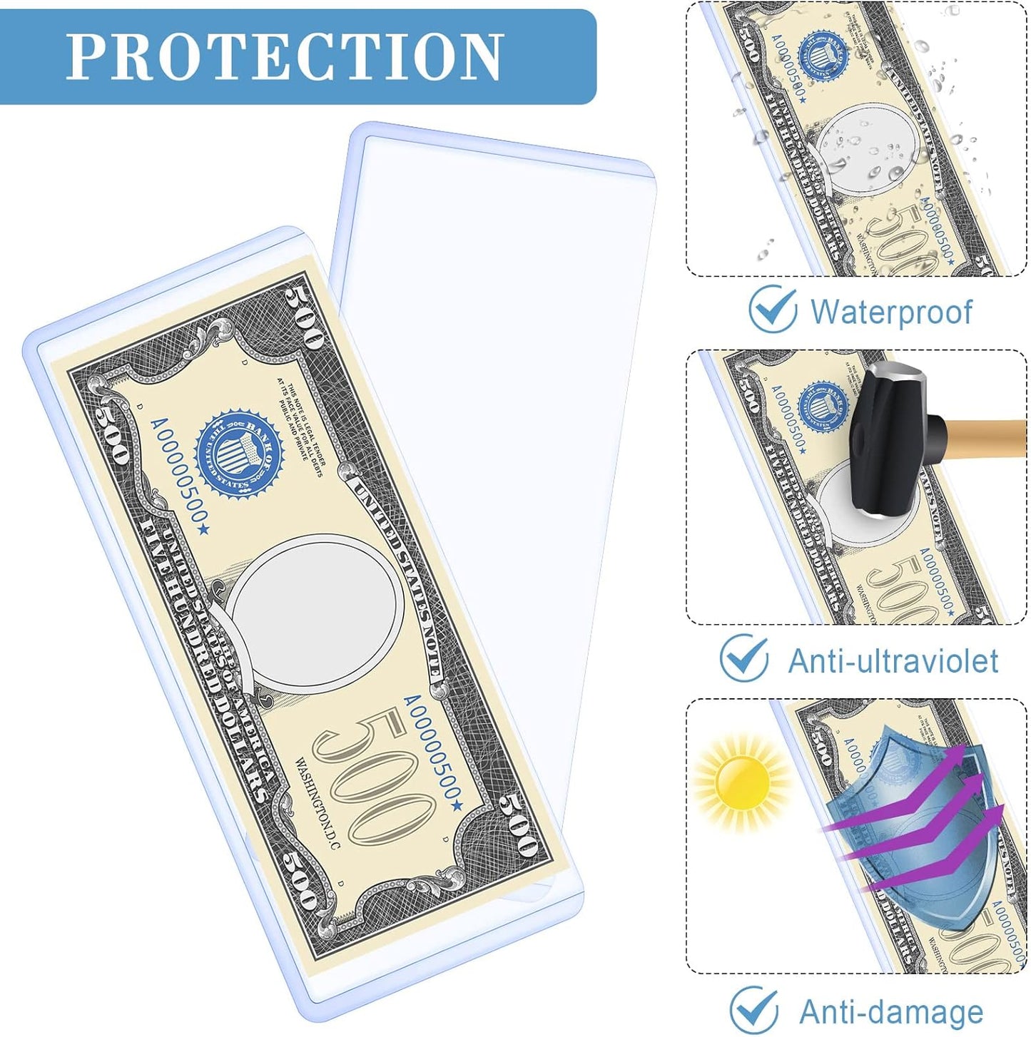 Sepamoon 100 Pieces Dollar Bill Sleeves, 6.9 x 2.95 Inch Hard Plastic Clear Currency Sleeves Waterproof Currency Holder Dollar Bills Display Protector Organizer Case Supplies for Collectors