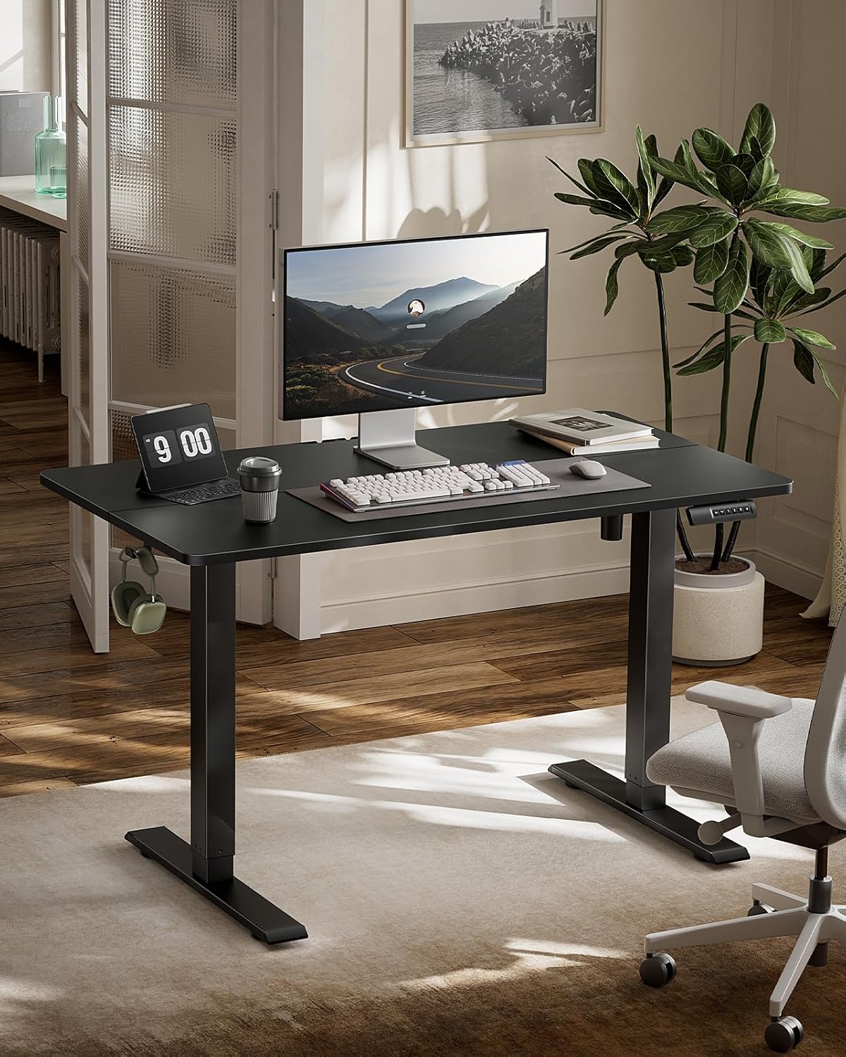 Marsail Electric Standing Desk, Adjustable Height Stand up Home Office Desk Large 55x24 Inch Sit Stand Computer Desk, with 4 Memory Presets, Headphone Hook,Cable Organizer, Black