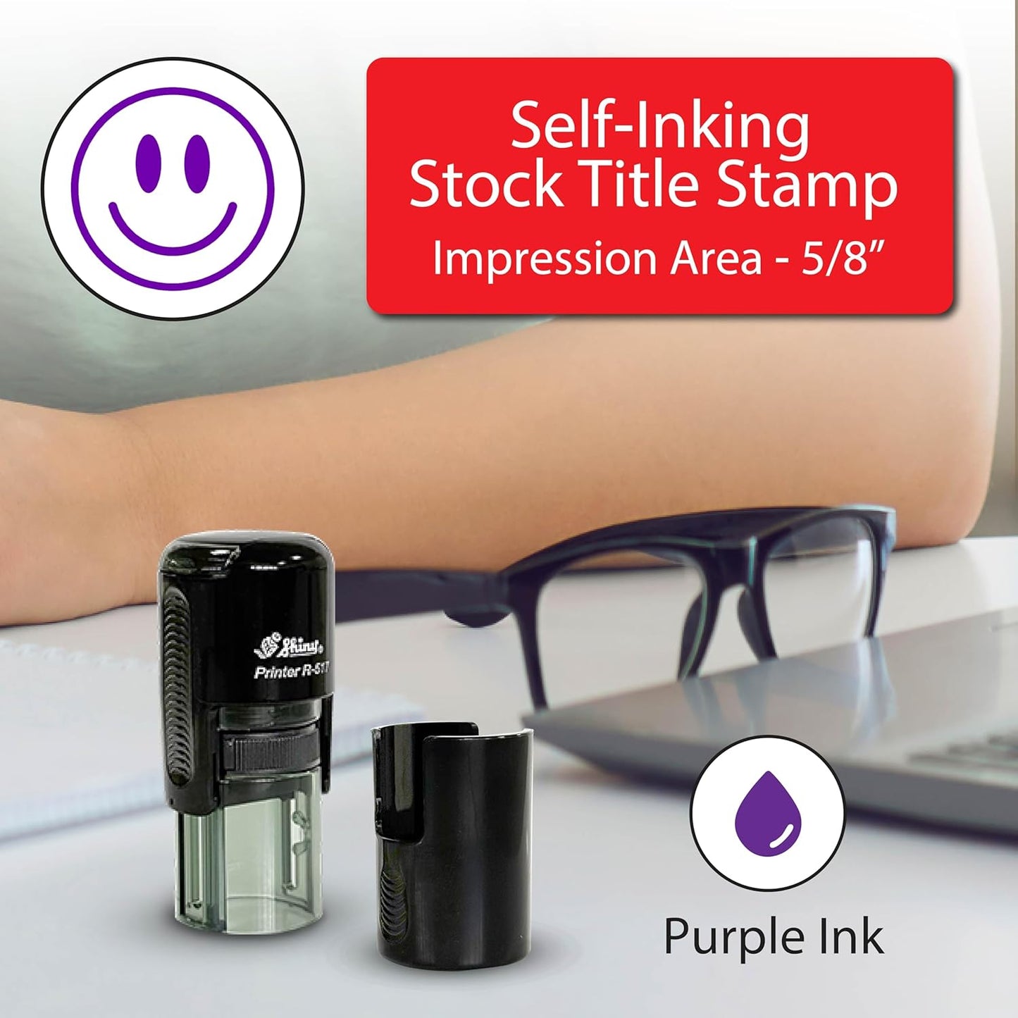 Shiny Smiley Face Teacher Stamp, Round Self Inking Stamp for Classroom, Purple Ink