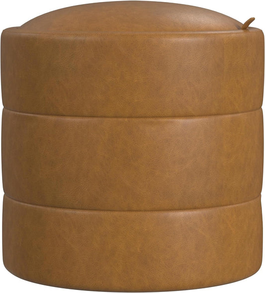 HomePop Storage Round Ottoman with Removable Lid Home Décor|Upholstered Round Velvet Foot Rest Ottoman - Carmel Faux Leather