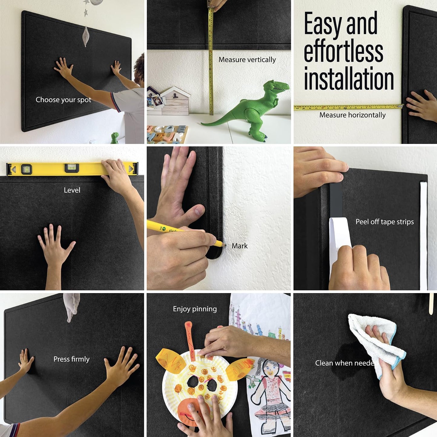 Large Bulletin Board 60 x 36 Inches - Foldable Felt Bulletin Board for Wall, Cork Board Alternative with 100 Color Pins & 12 Note Pads, Vision Board - Black