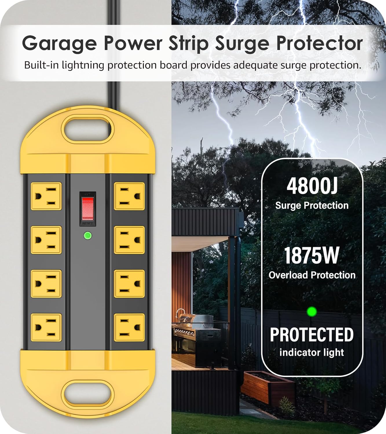 CCCEI Heavy Duty Power Strip Surge Protector, Metal 8 Outlets Power Strip for Appliance. Garage Shop Industrial Workbench 15 AMP Outlets Strip. 13FT Extension Cord