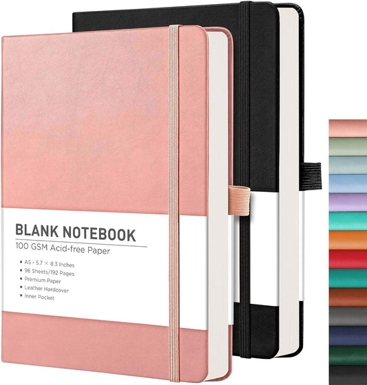 RETTACY Blank Journal Notebook, 2-Pack, 192 Pages per Pack, A5 Medium Size (5.7'' x 8.3''), Leather Hardcover, 100 GSM Thick Paper, for Sketching, Drawing, Painting (Black & Pink)