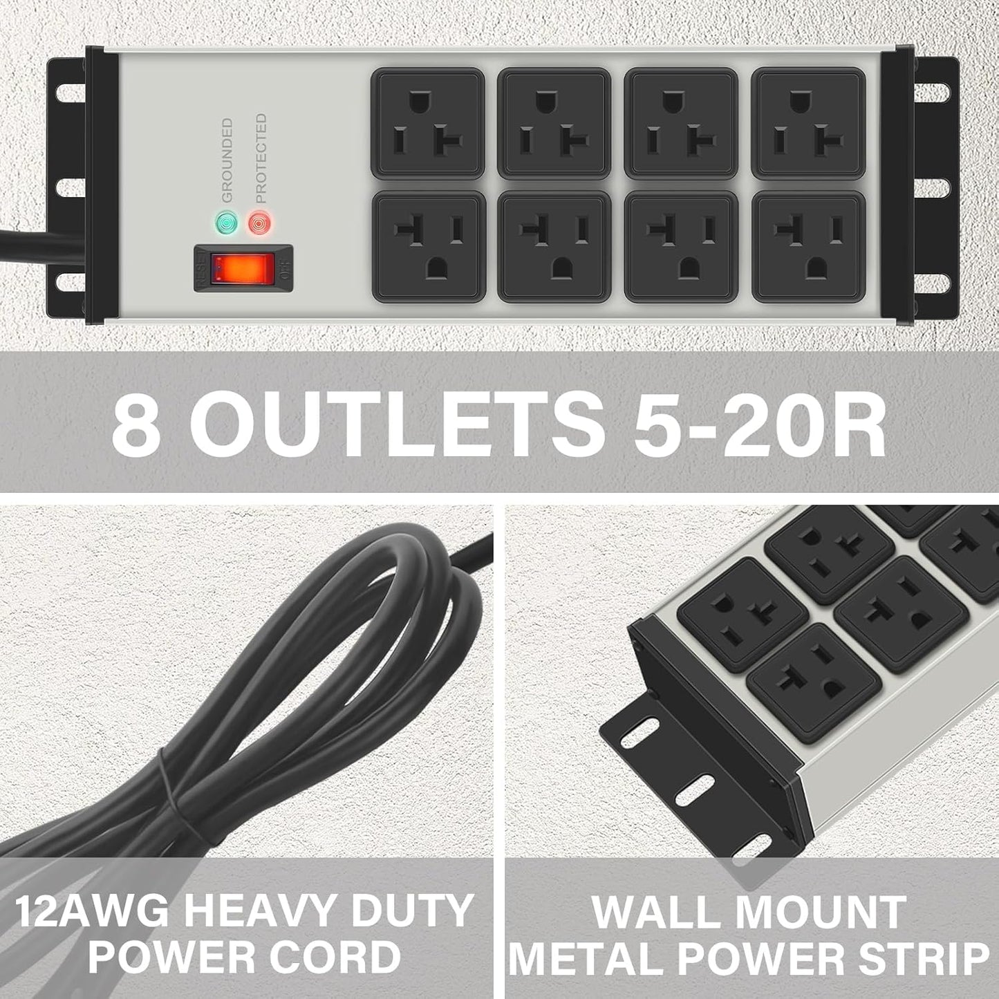 CCCEI 2PCS Heavy Duty Power Strip Surge Protector 20 AMP, 8 Outlets 12 Gauge Industrial Shop Garage Metal Multiple Outlets, 6 FT Extension Cord 5-15P Adapter High Amp 6-20R T-Slot 20a for Appliance