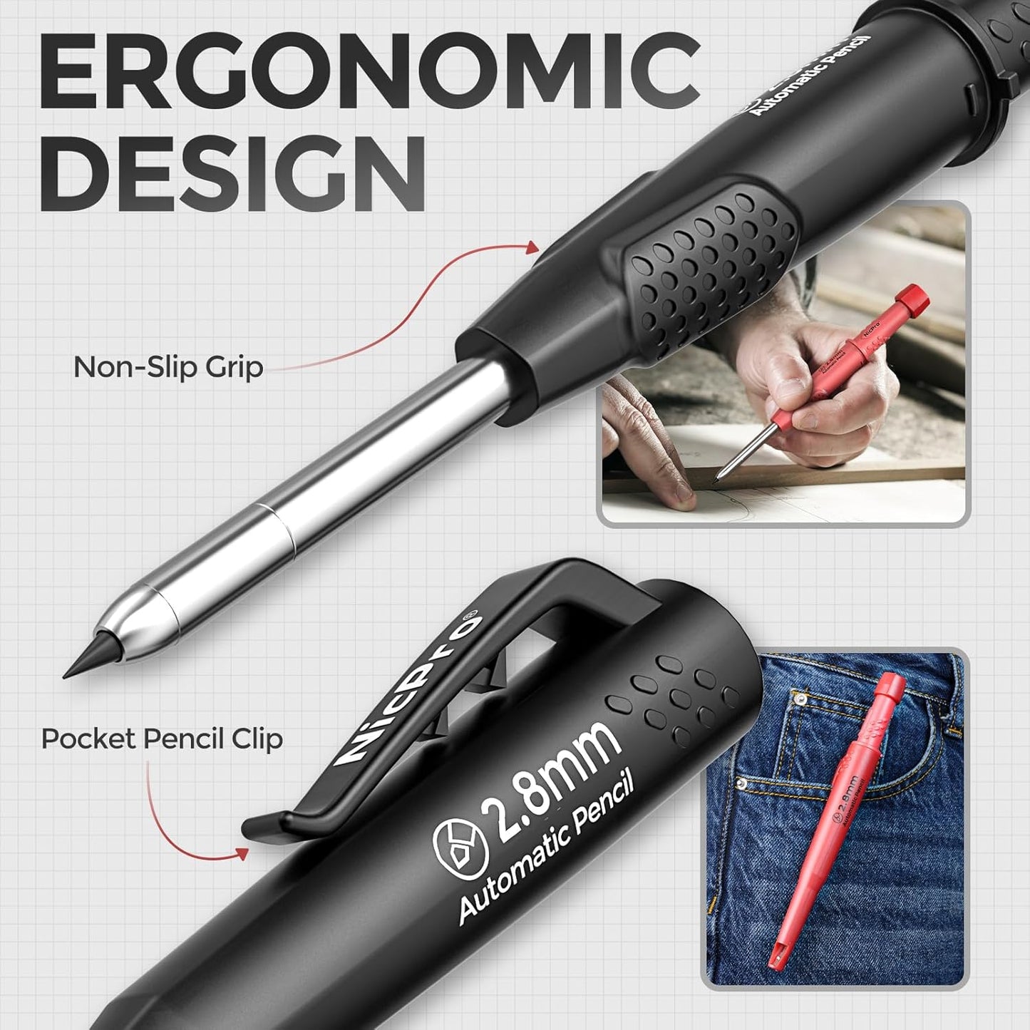 Nicpro 3 Pack CP3000 Carpenter Pencil with Sharpener, Mechanical Carpenter Pencils with 57 Refills, Construction Pencil Heavy Duty Woodworking Pencils for Architect Marking (Red, Black, Yellow)