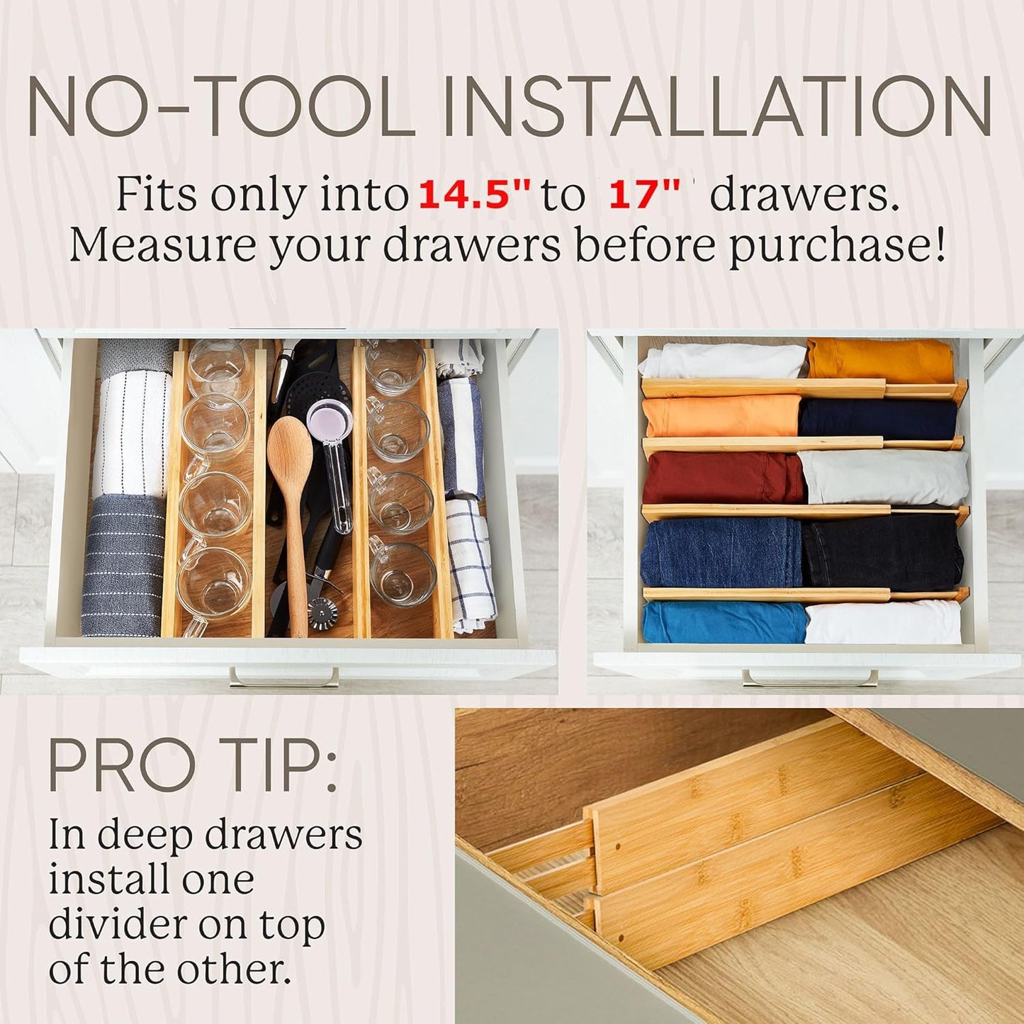 Night Tree Expandable Bamboo Drawer Dividers – Spring-Loaded Wooden Organizers for Clothes, Kitchen Utensils, Bathroom, and Dresser Drawers (14.5" to 16.5")