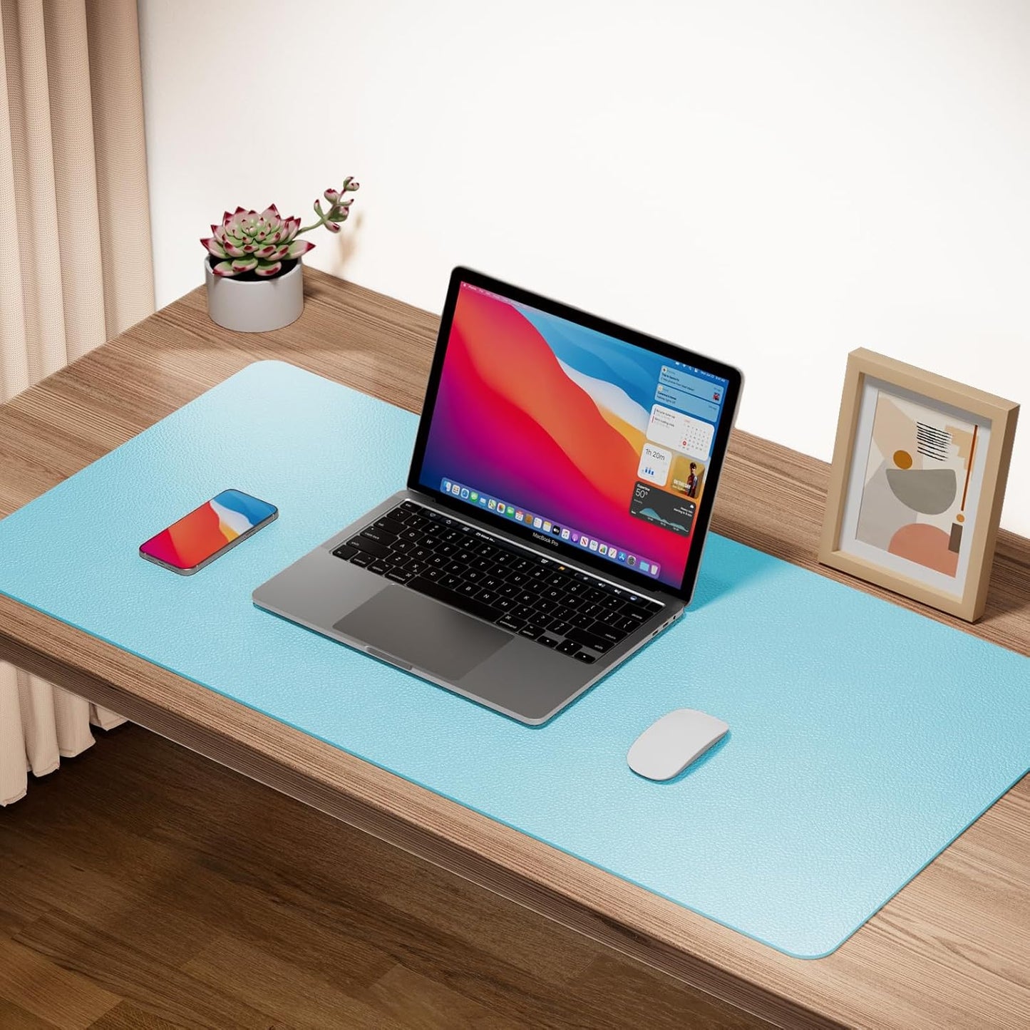 Boutilon Leather Desk Pad Protector,Non-Slip Mouse Pad,Laptop Desk Pad,Office Mouse Mat,Waterproof Leather Desk Blotter,Desk Writing Pad for Office and Home (S-Light Blue,24"x 14")