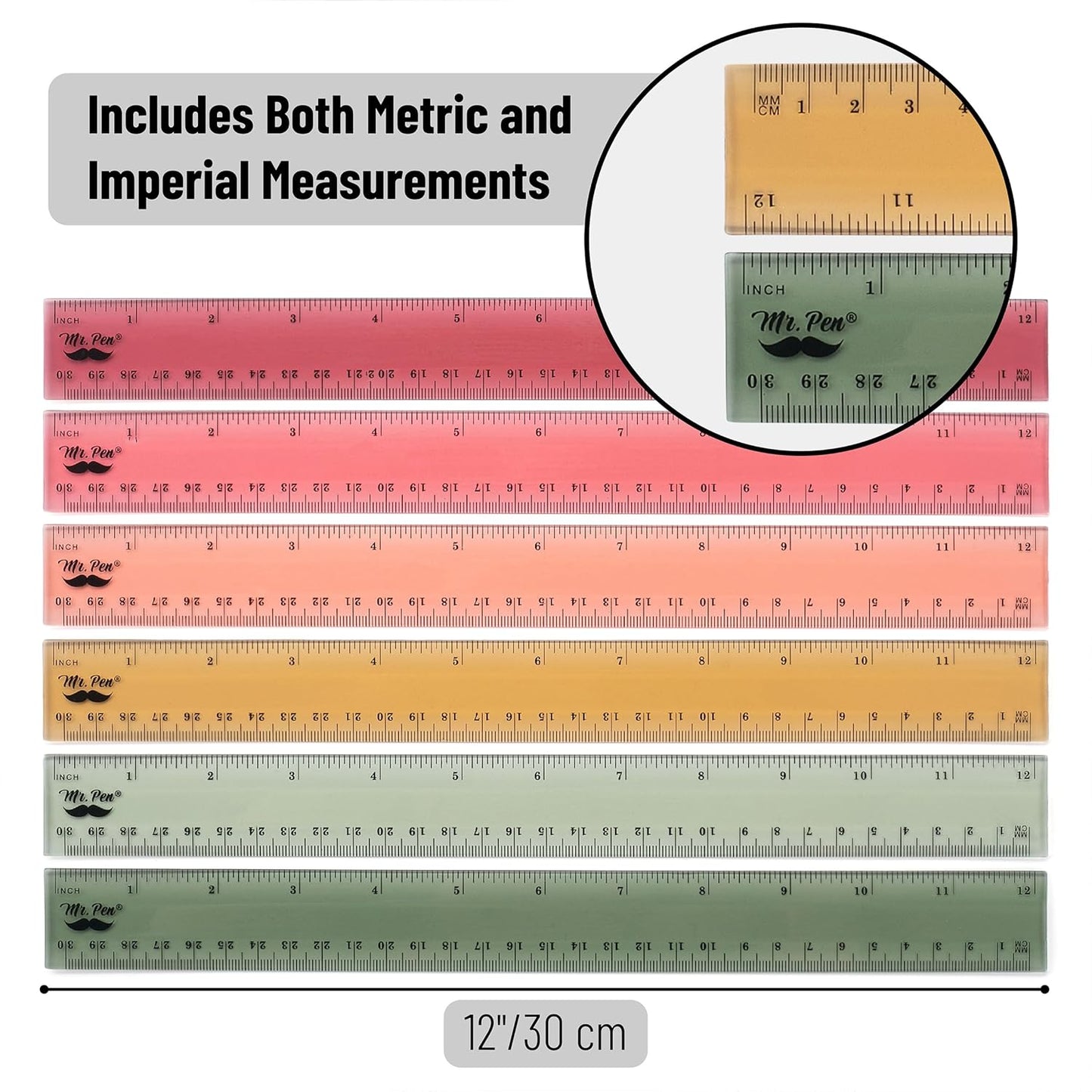 Mr. Pen- Ruler, 12 inch Ruler, 6 Pack, Vintage Colors, Clear Rulers 12 Inch, Rulers for School, Back to School Supplies