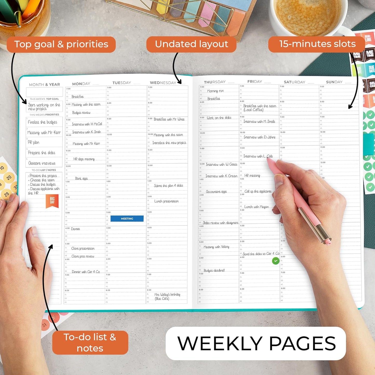 Clever Fox Appointment Book – Hourly Schedule Planner with 15-Minute Increments – Time Box Planner for Daily Work & To-Dos – Weekly & Monthly Spreads, Undated, Hardcover, 8.3x11″ (Turquoise)