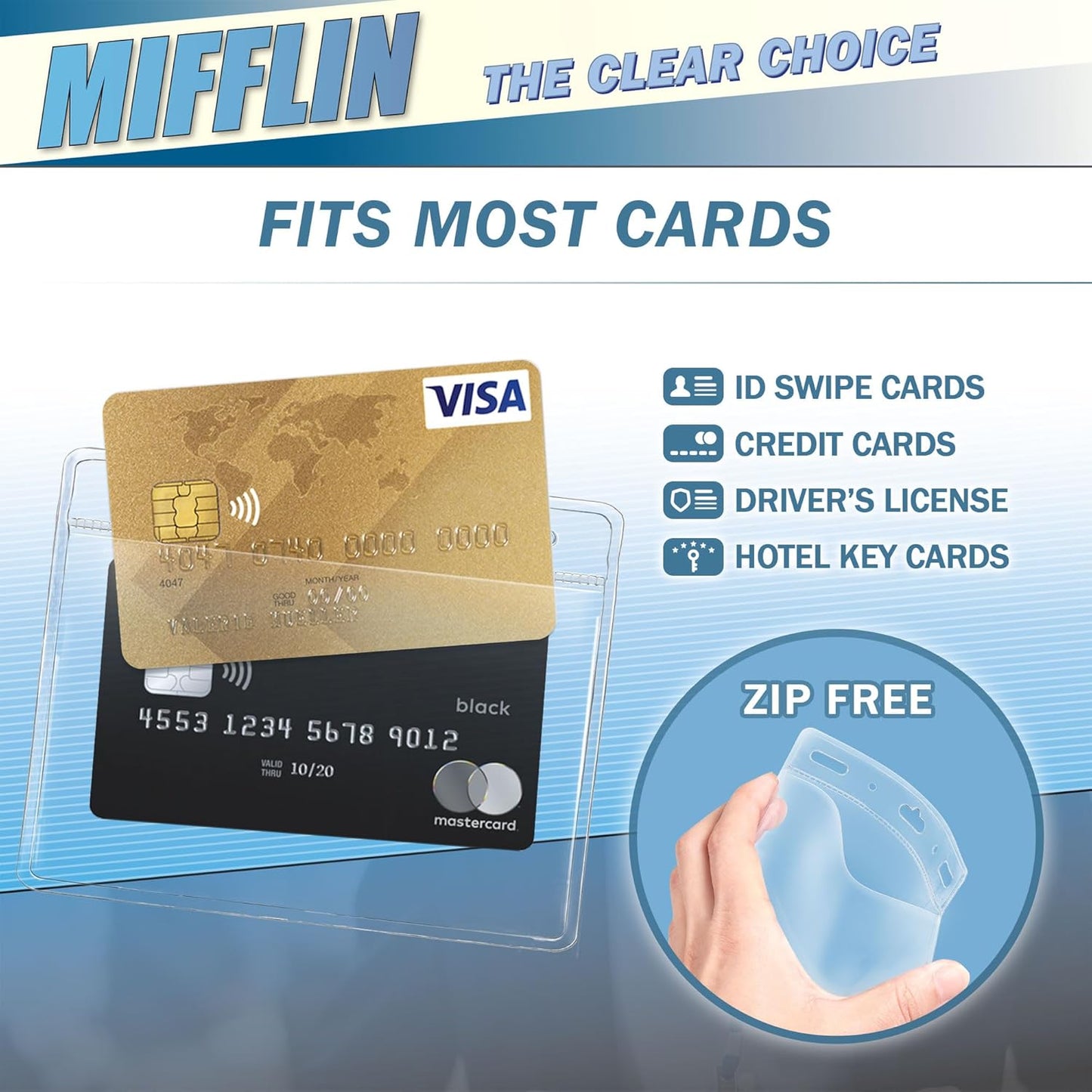 Mifflin-USA Card Protector (4x3 Inch, Clear, Bulk 50 Pack) Quick Load Horizontal No Zipper Name ID Badge Holder
