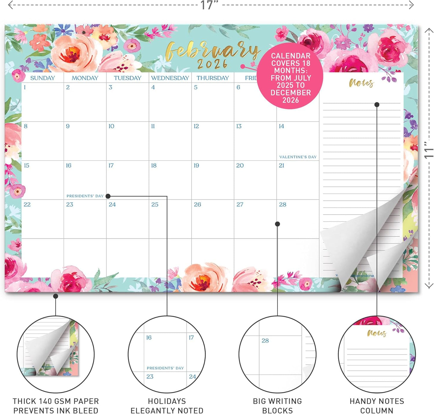 S&O Watercolor Floral Large Desk Calendar from July 2025 to Dec 2026 - Tear-Away Table Calendar 2025-2026 - Desktop Blotter - Academic Desk Planner - Desk Pad Large - 11x17in