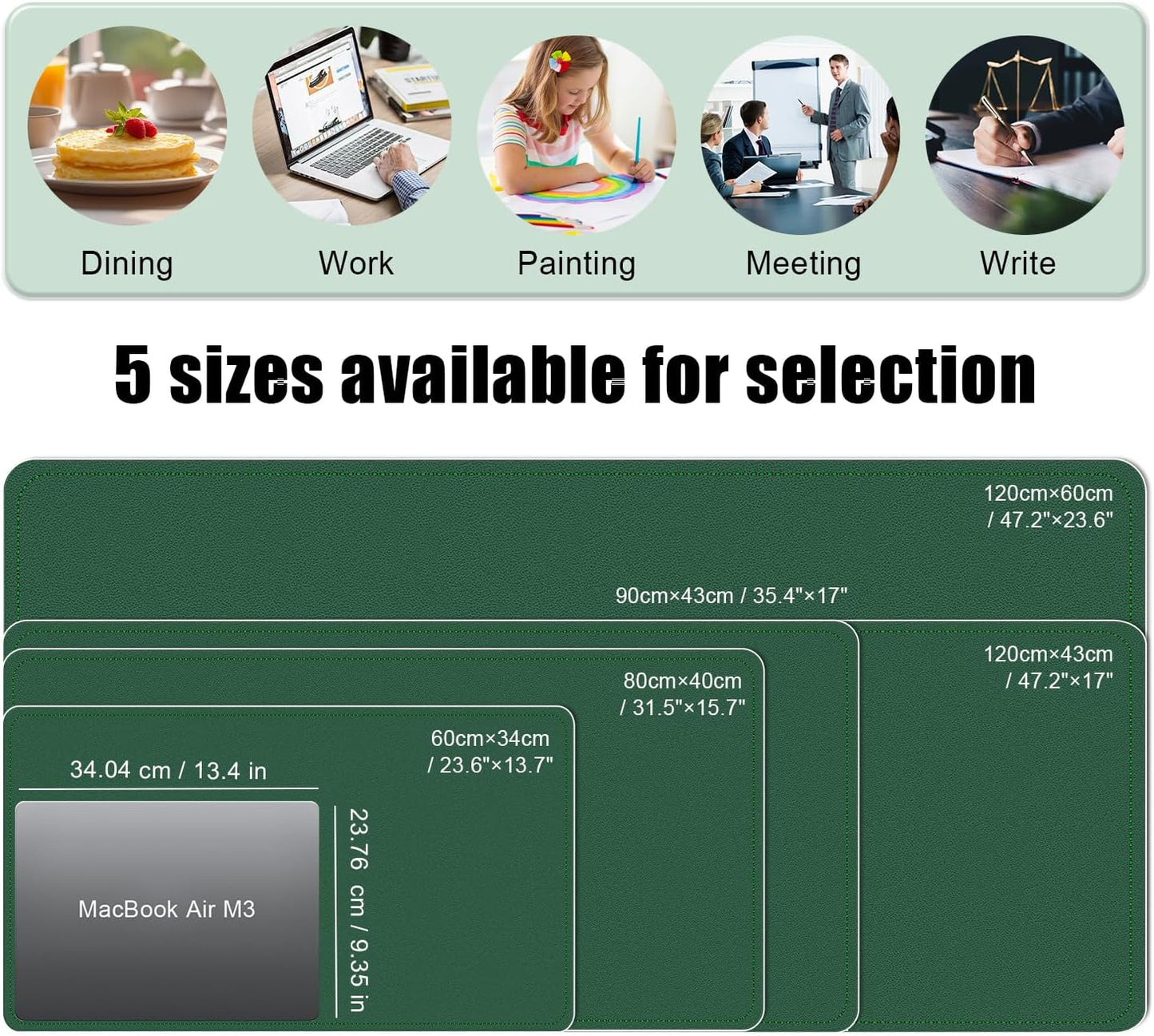 BLESWIN Large Desk Pad Mat 47.2"" x 17"", Office Desk Mat, Non-Slip PU Leather & Cork Desk Blotter for Keyboard and Mouse, Large Desk Mat, Large Mouse Pad for Office & Home(Dark Green)