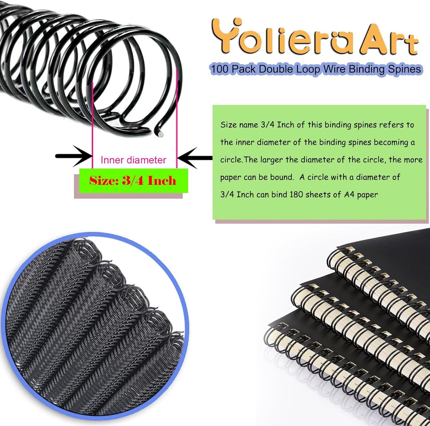 100 Pack Metal Twin Loop Binding Wire Coils, 34-Loop, 3/4" Cinch Book Binding Wire, 3:1 Pitch, YolieraArt Double Loop Bindings180 Sheet Capacity Fit for School Office Notebook Maker Silver