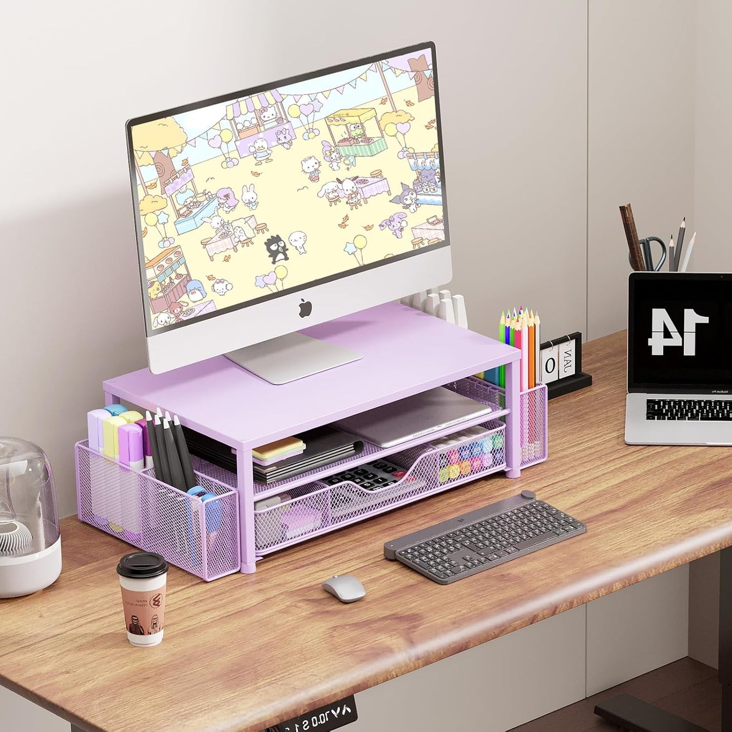 Desk Organizers and Accessories, 2-Tier Computer Monitor Stand Riser with Drawer and 2 Pen Holders, Laptop Stand, Office Desk Accessories for Office Supplies, Purple