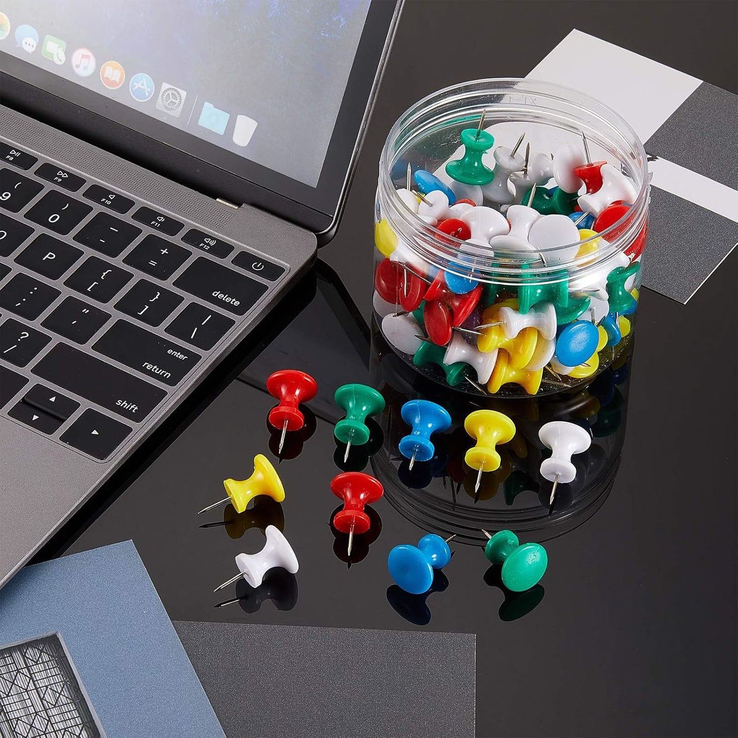 Outus 100 Pcs Giant Push Pins Large Thumb Tacks Plastic Heads 1 Inch Jumbo Push Pins for Cork Board Map Posters Office School(Red, Yellow, Blue, Green, White)