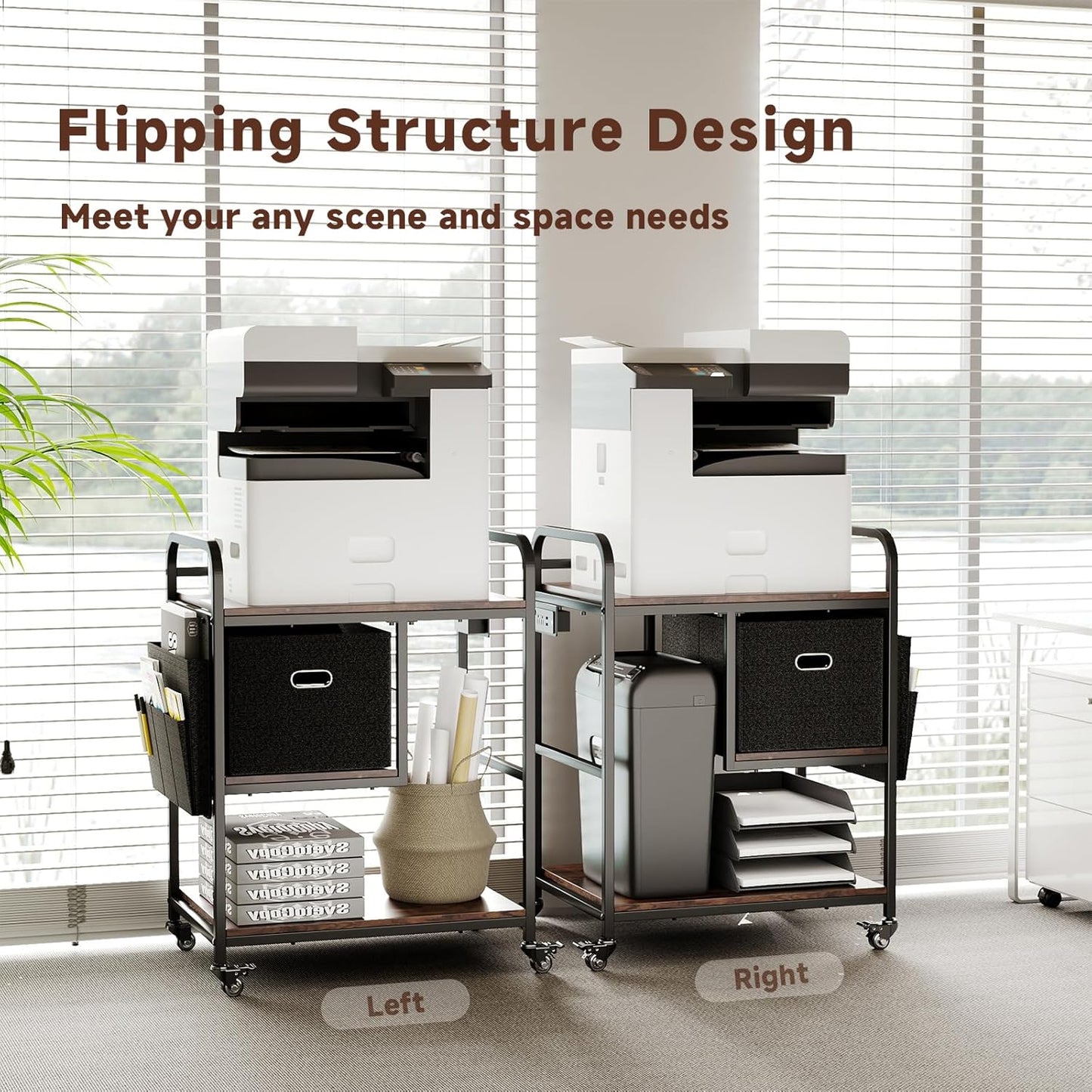 Large Printer Stand with Removable Storage Drawer, Mobile Printer Table with Charging Station for Home Office, Rolling Industrial Printer Cart with Wheels for Scanner Fax PC Tower (Brown)