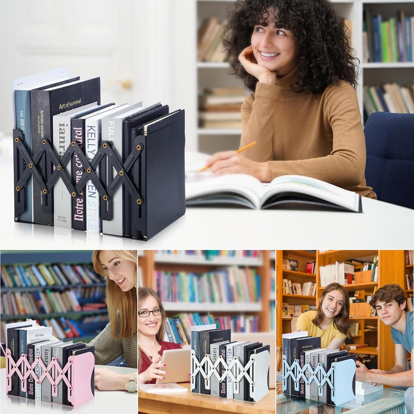 M&G Adjustable Bookends Book Ends for Shelves, Metal Bookend for Heavy Books, Desk Magazine File Organizer Holder Extends up to 20in, Book Stopper for Home, Office, Classroom (Pink)