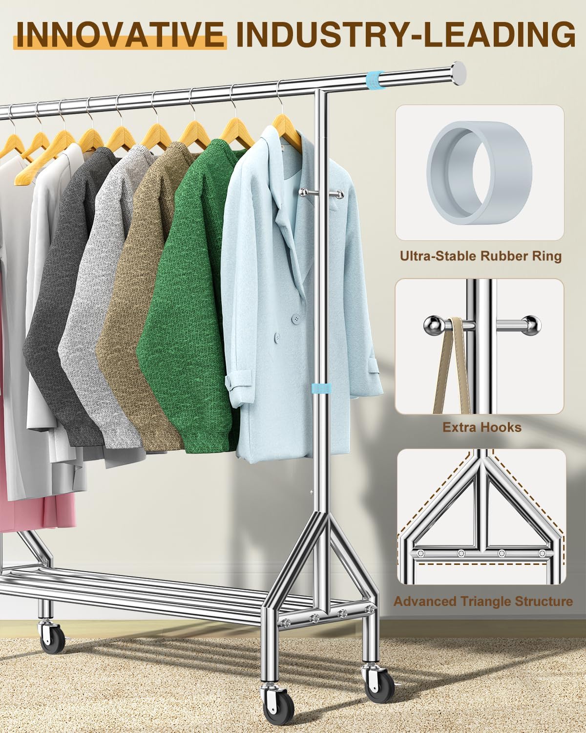 Upgraded 100% Stainless Steel Clothing Rack Load 760LBS, Heavy Duty Clothes Racks with Larger & Sturdy Wheel, Extendable & Adjustable Rolling Garment with Shelves