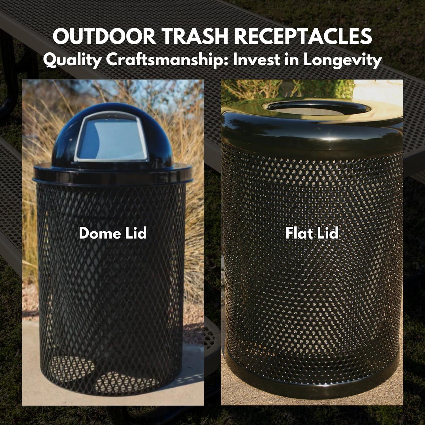 32-Gallon Heavy-Duty Expanded Metal Round Trash Receptacle, Commercial Outdoor Waste Bin with Liner & Black Dome Lid – Made in America (Textured Gold Vein)