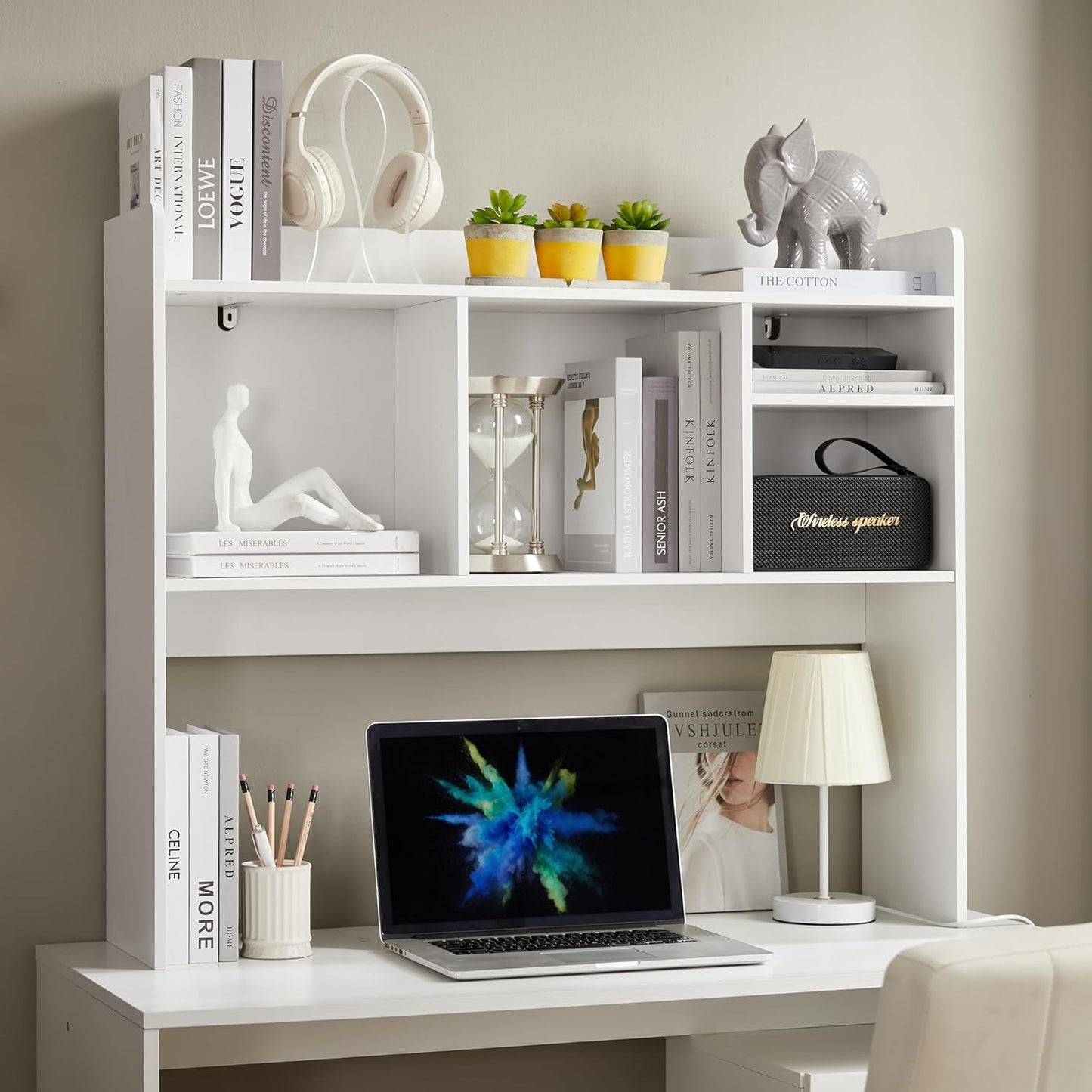 Desktop Bookshelf, Wooden Desk Storage Hutch with 6 Shelves for Computer Desk, 3-Tier Desktop Display Organizer Rack for Office Home (White)