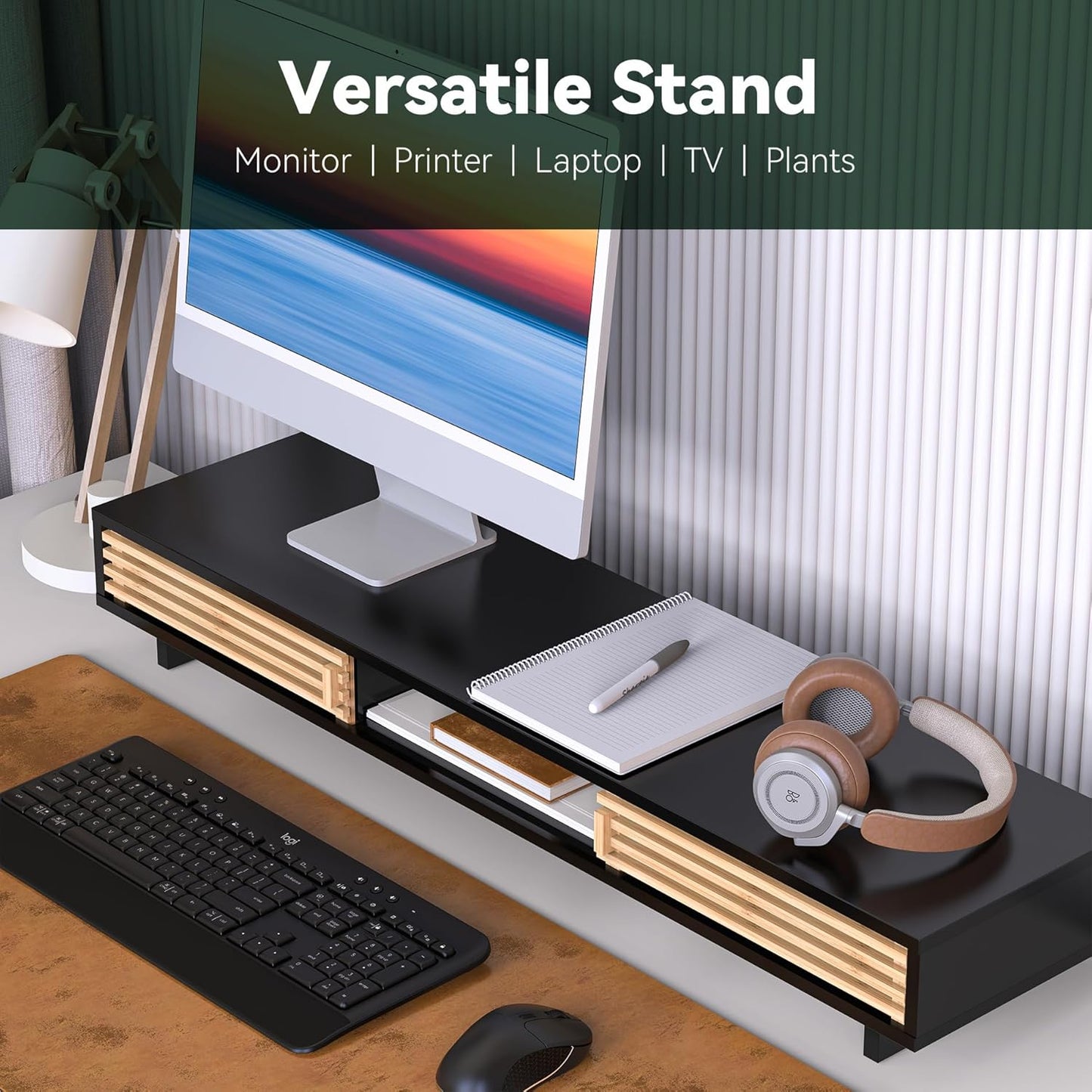 Dual Monitor Stand Riser with Sliding Door, Double Computer Laptop Stand Desk Shelf Organizer with Storage (Black + Natural Bamboo, 38 Inch)