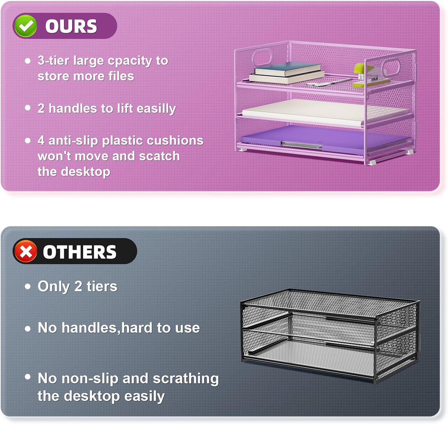 Marbrasse 3 Tier Paper Organizer Letter Tray, Mesh File Organizer with Handle, Paper Sorter Desk Organizer for Home Office Supplies(Purple)