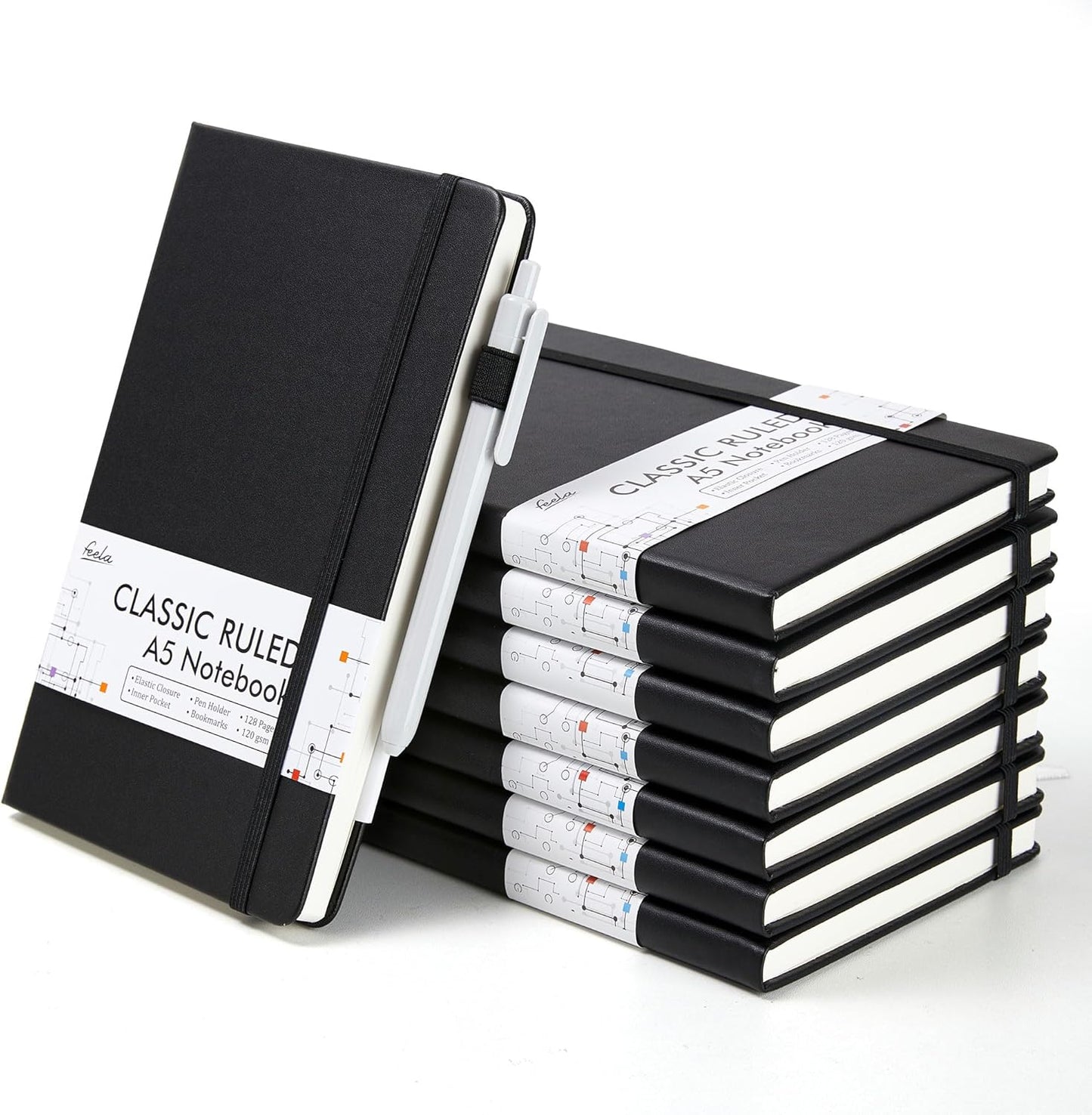 feela 8 Pack Journal Notebook Bulk for School, Hardcover Business Notebooks Classic Ruled Lined Journals with Pen Holder for Work Note Taking, with 8 Black Pens, 120 GSM, 5.1”x8.3”, A5, Black