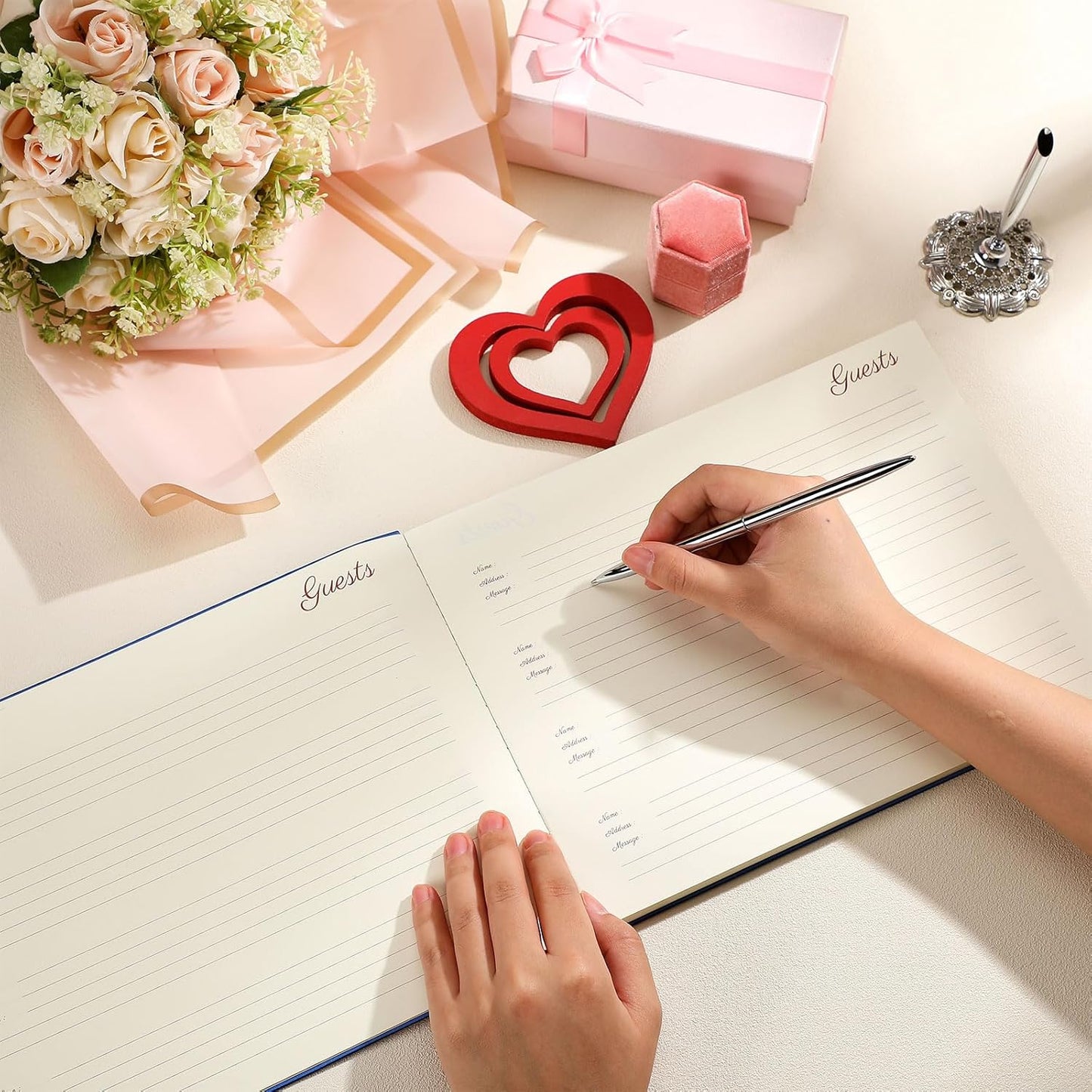 Leather Guest Book and Pen Stand Set, 10.5" x 8" Embossed Guests Sign in Book Registry Book for Funeral, Wedding Reception, Vacation Homes and Events, 80 Sheets (Blue)
