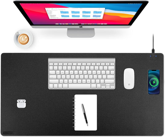 Wireless Charging Desk Mat with Desk Pad for Desktop Charging Large Mouse Pad Waterproof Leather Computer Mat Mouse Pad Non-Slip Protector on Top of Desks for Keyboard and Mouse (black-r, 36*17inch)
