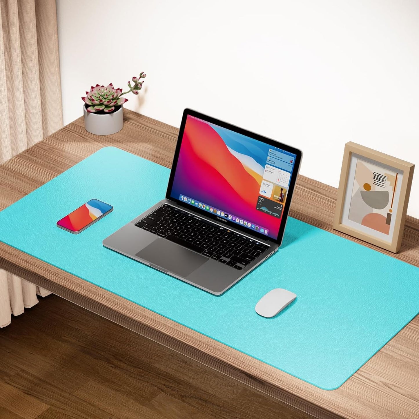Boutilon Leather Desk Pad Protector,Non-Slip Mouse Pad,Laptop Desk Pad,Office Mouse Mat,Waterproof Leather Desk Blotter,Desk Writing Pad for Office and Home (XXXL-Bright Blue,47"x 24")