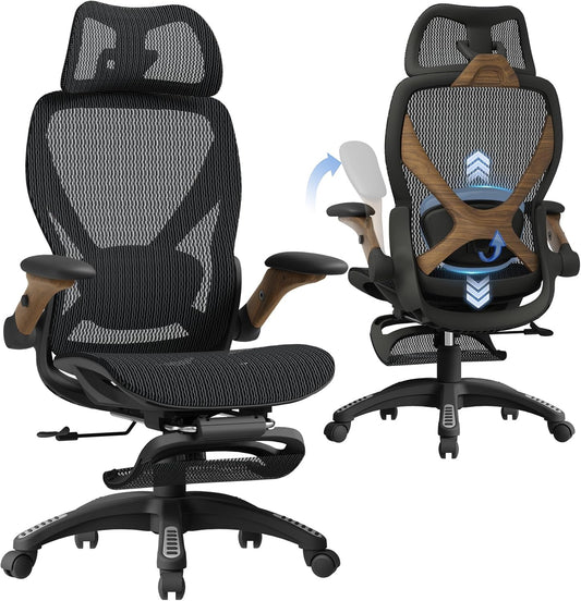 ELABEST X100 Ergonomic Office Chair with Footrest, Big and Tall Home Desk Chair with 5D Flip-Up Arms, Adjustable 5D Lumbar Support,High Back Rolling Computer Chair, Swivel Mesh Chairs (Library Oak)