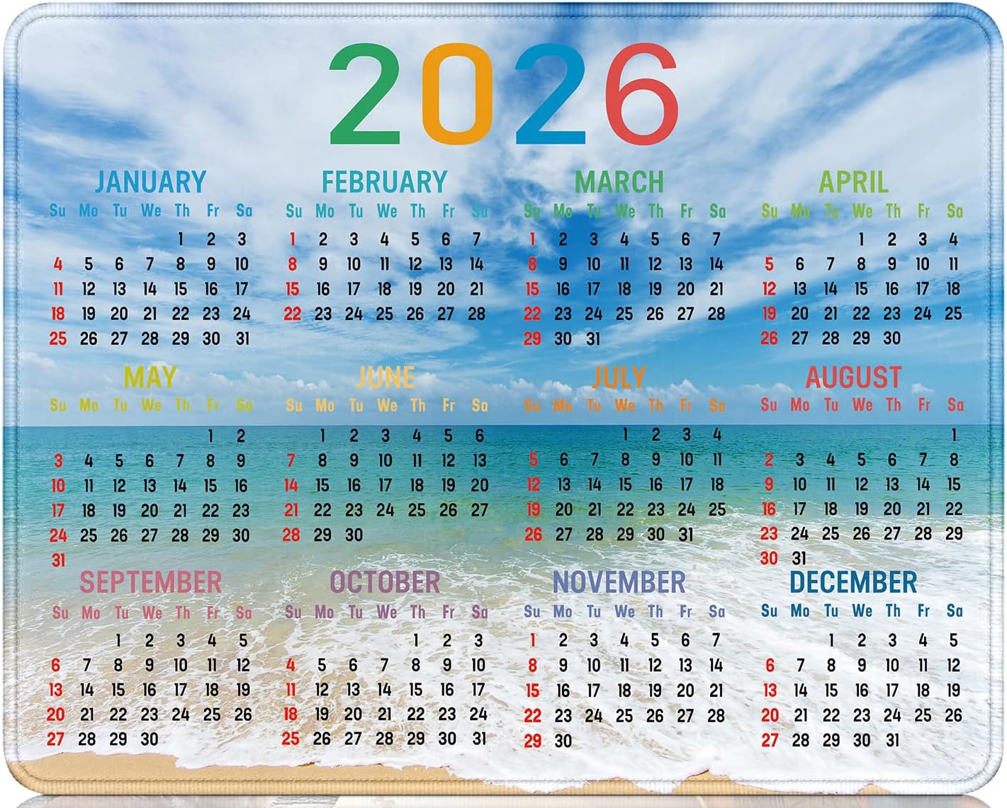 2026 Calendar Mouse pad, Gaming Stitched Edge Computer Accessory Mouse Pad, Rectangular Anti Slip Chloroprene Rubber Mouse Pad for Office and Home Use (Beach Calendar Mouse Pad)