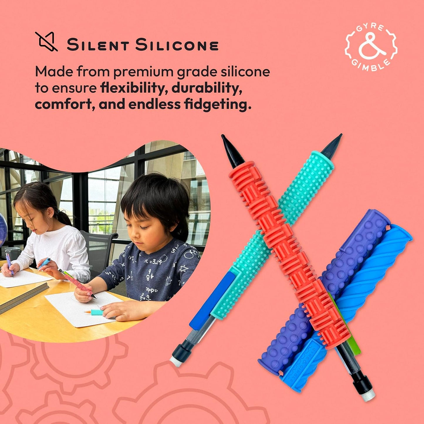 Gyre & Gimble Pencil Gidgets – Textured Silicone Pencil Sleeve for Quiet Fidgeting – Transform Your Mechanical Pencil into a Sensory ADHD Tool for Kids and Adults – 4 Sleeves & 2 Pencils