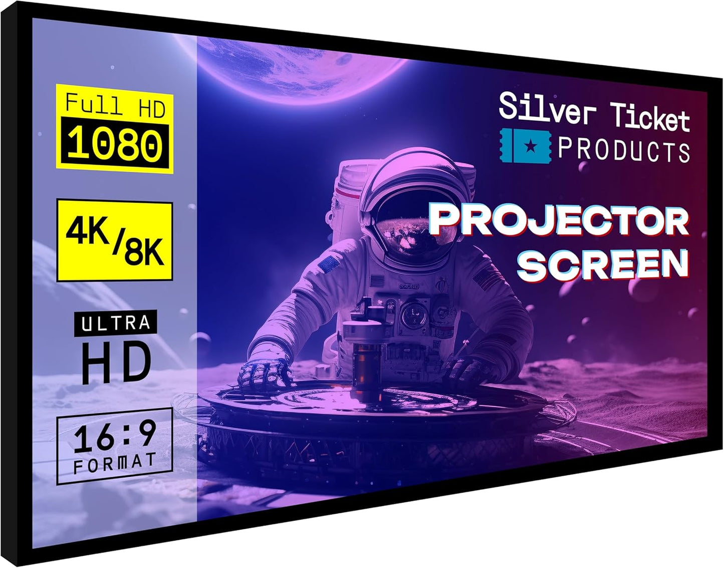 Silver Ticket Products STR Series 6 Piece Home Theater Fixed Frame 4K / 8K Ultra HD, HDTV, HDR & Active 3D Movie Projection Screen, 16:9 Format, 165" Diagonal, High Contrast Material STR-169165-HC