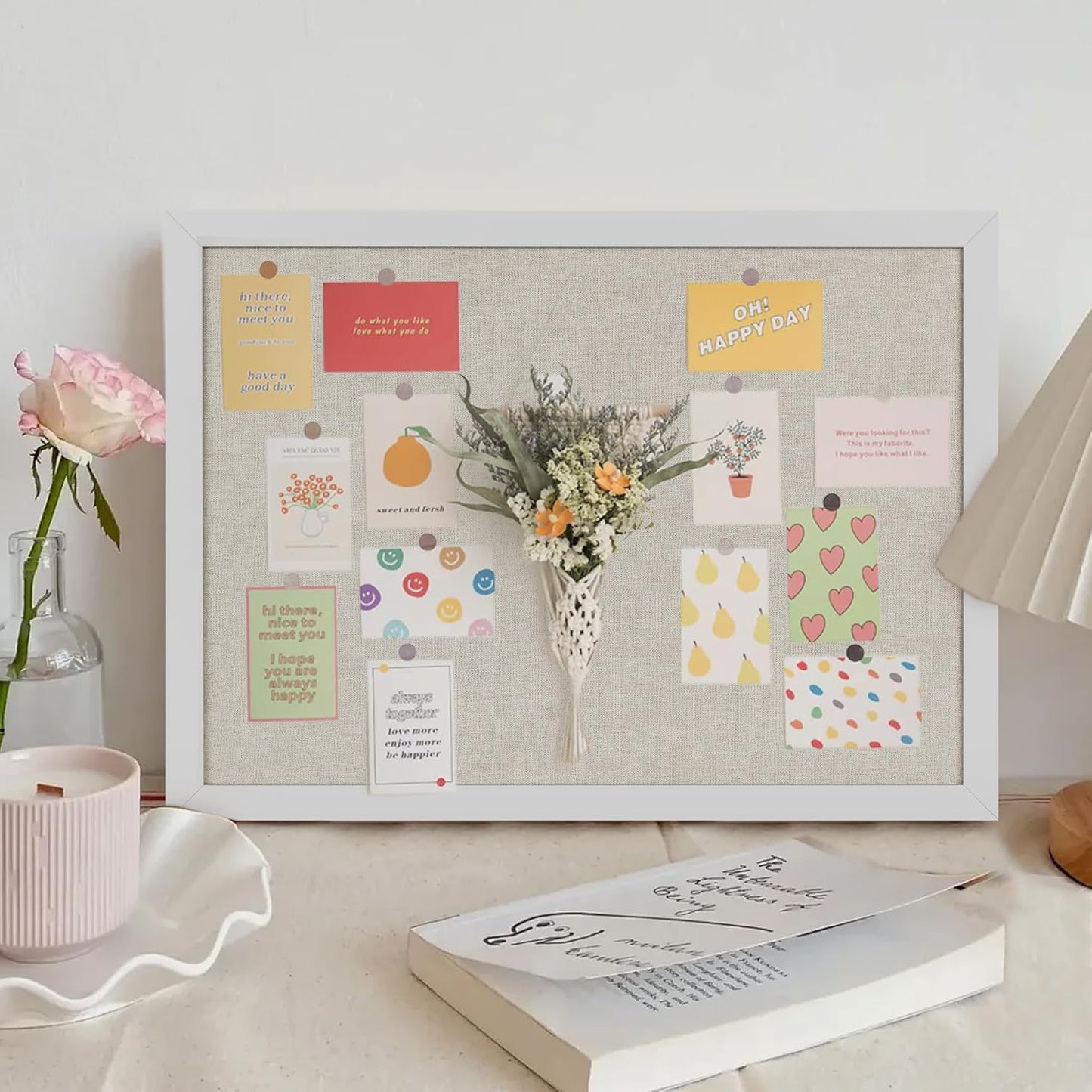 Cork Board Bulletin Board 16.7" x 11", 2-Pack Small Linen Corkboards with Frame for Walls, Cute Picture Display Pin Board Vision Board for Room School Office Bedroom 25 Pushpins Vintage White