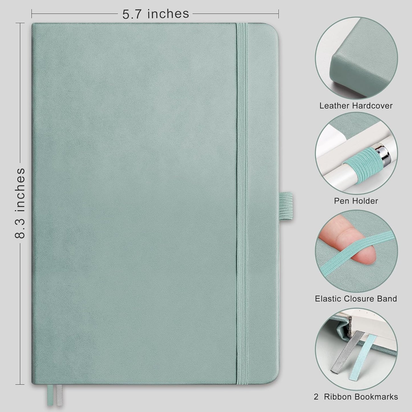RETTACY Bullet Dotted Journal Notebook, 192 Pages, A5 Medium Size (5.7'' x 8.3''), Leather Hardcover, 100 GSM Thick Paper, for Bullet Journaling, Planning, Tracking (Blue-gray)