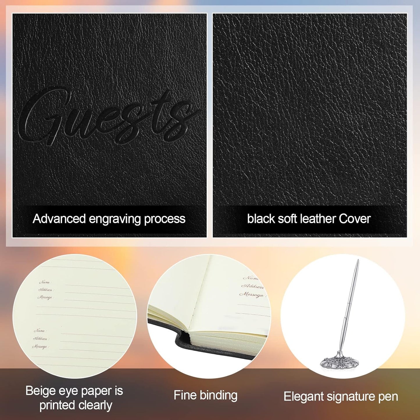 Leather Guest Book and Pen Stand Set, 10.5" x 8" Embossed Guests Sign in Book Registry Book for Funeral, Wedding Reception, Vacation Homes and Events, 80 Sheets (Black)