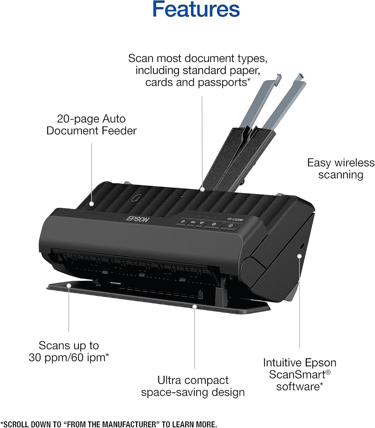Epson - Workforce ES-C320W - Wireless Compact Desktop Document Scanner - 2-Sided Scanning and Auto Document Feeder - Paper and Card Scanner - Black
