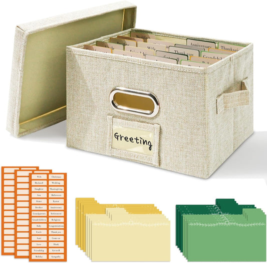 Vienrose Greeting Card Organizer 1 Pack, Storage Box with 20 Adjustable Dividers, Foldable Organizer Box Holds over 150 Cards, Storage Stickers Recipes Photos Envelopes Bills Vinyl Records, Beige