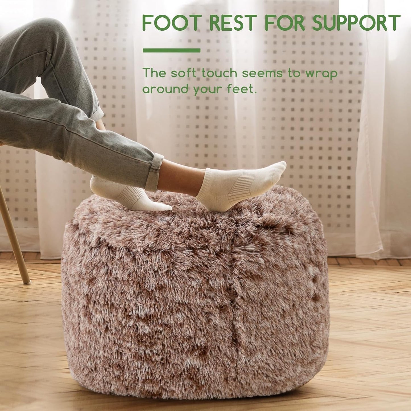 HIGOGOGO Round Stuffed Pouf Ottoman, Long Faux Fur Poufs with Foam Chunk Filling, Fluffy and Furry Pouf Foot Stool Storage Ottoman, 26 X 18 Floor Poufs Foot Rest for Living Room,Coffee