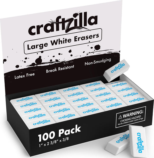 White Erasers Bulk 100 Pack - Large Latex- Free Bulk Erasers for Kids, Classroom, and School Supplies - Ideal for Pencils and Drawing - Borradores Escolares