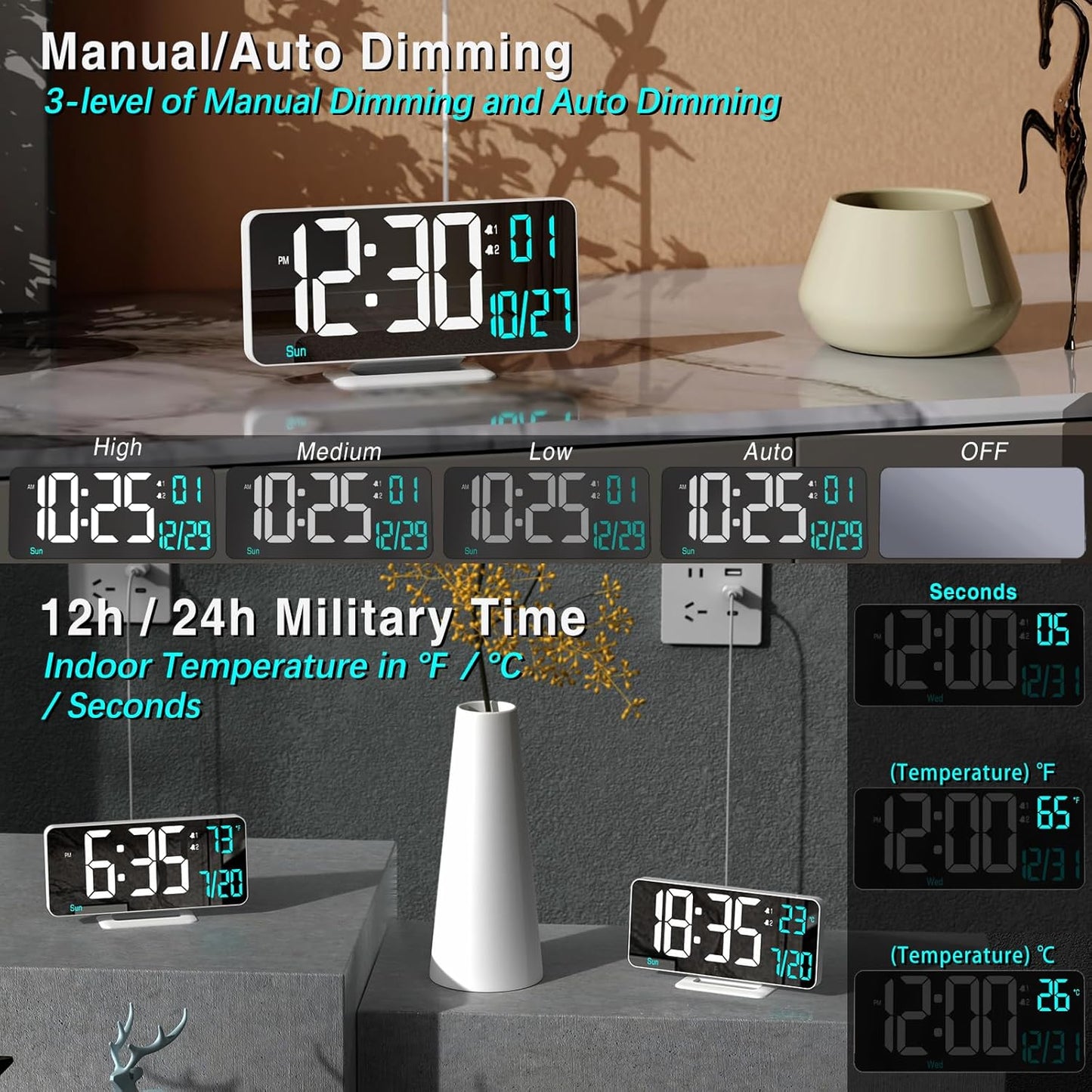 KOSUMOSU Digital LED Clocks for Bedrooms 6.7in White Alarm Clock, Dimming, 12/24h, Date, Day of Week,Temp,Desk Clock, LED Clock for Bedside, Digital Calendar Clocks for Living Room Essentials