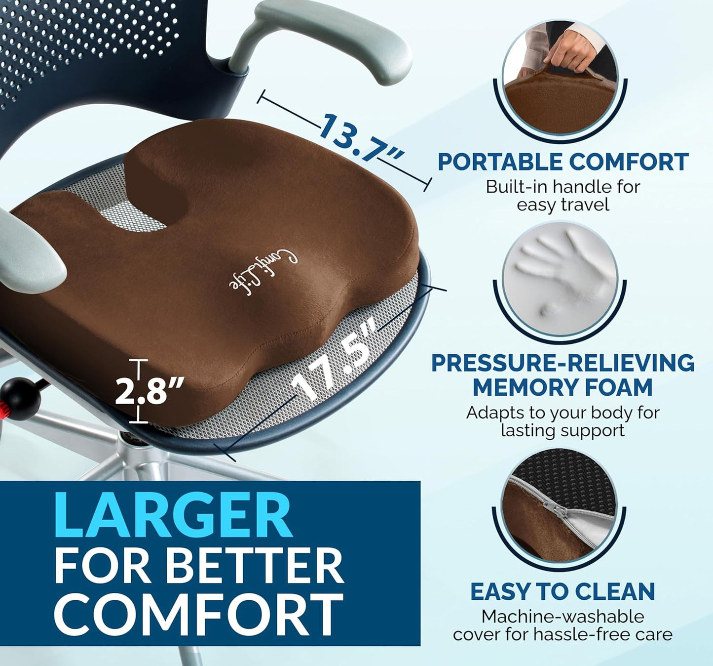 ComfiLife Premium Gel & Memory Foam Seat Cushion – Doctor Recommended Office Chair Cushion, Car Seat Cushion – Chair Cushions for Back & Sciatica Pain Relief – Seat Cushions for Office & Desk (Brown)