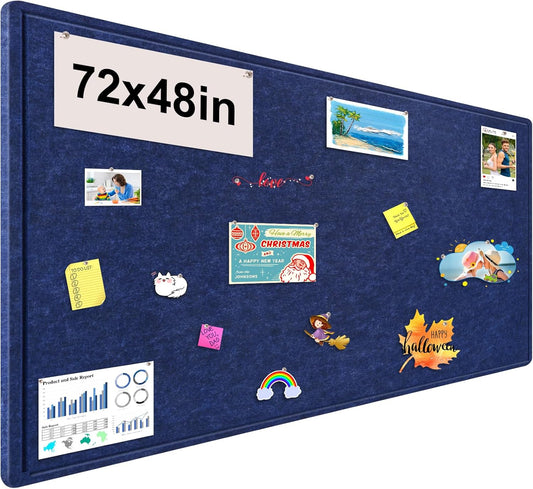 Large Bulletin Board, 72x48 Inches Cork Board Alternative, Large Felt Board Decorative Pin Board for Wall, Foldable Photo Board Self-Adhesive Vision Board with 36 Pushpins Dark Blue