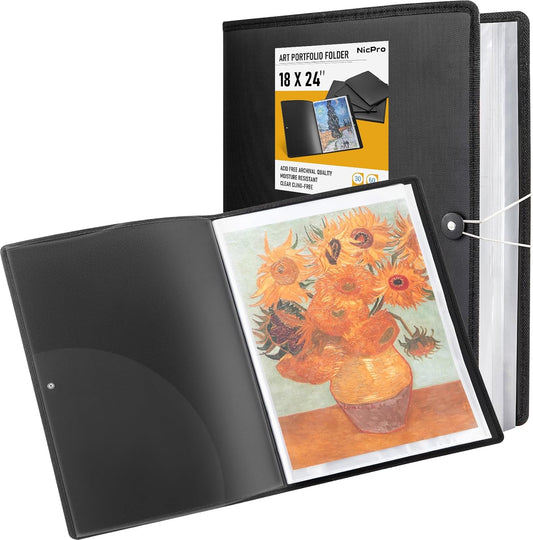 Nicpro 18x24 Large Art Portfolio Folder, 30 Pockets Display 60 Pages Artist Portfolio Folder with Clear Plastic Sleeves, Presentation Storage Book for Artists Artwork Drawing Painting Black