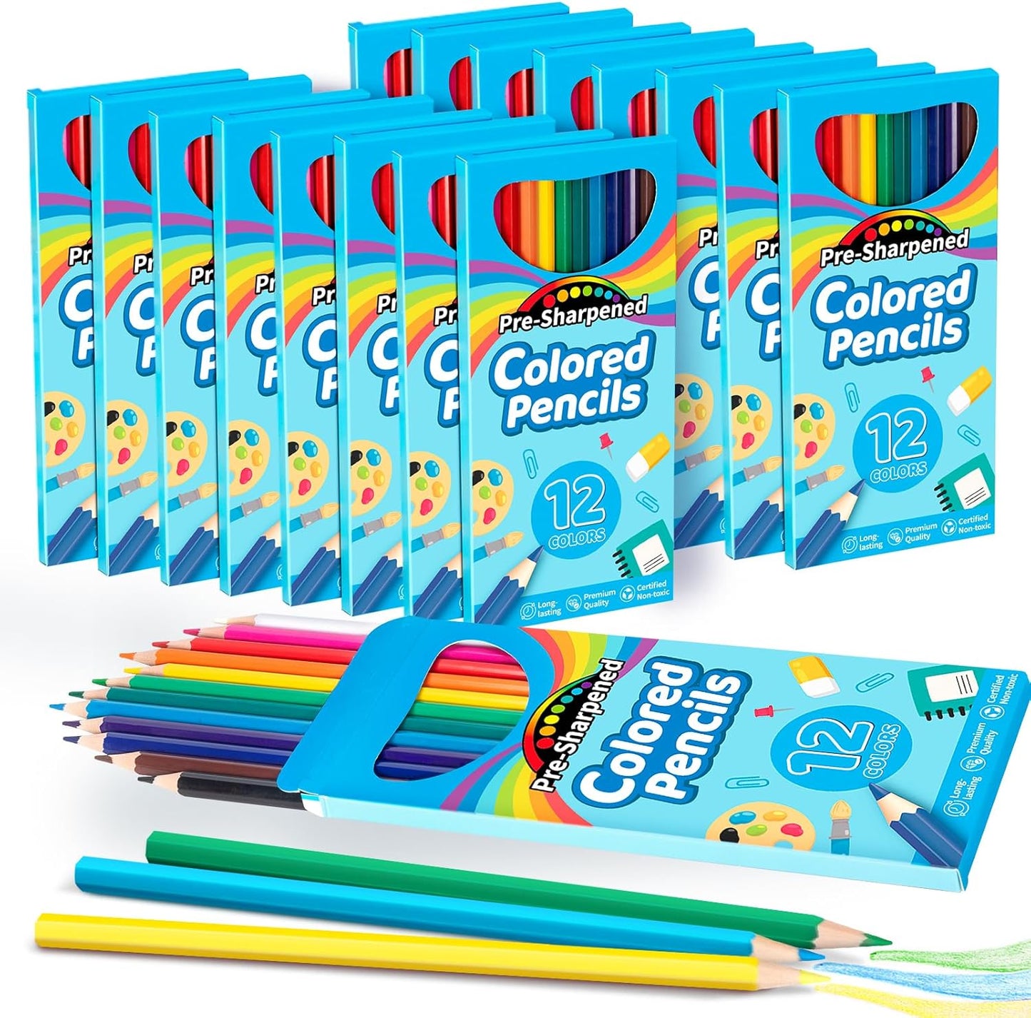 V-Opitos 168 Count Colored Pencils for Kids, 14 Pack Bulk Colored Pencils in 12 Colors, Pre-sharpened Coloring Pencils, Ideal School Supplies & Classroom Prizes, Kids Party Favor