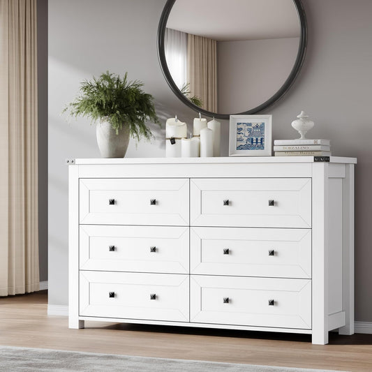 6-Drawer Dresser, Modern Wooden Storage Chest of Drawers, Dresser TV Stand, Wood Drawer Organizer with Metal Handles for Bedroom, Living Room, Hallway