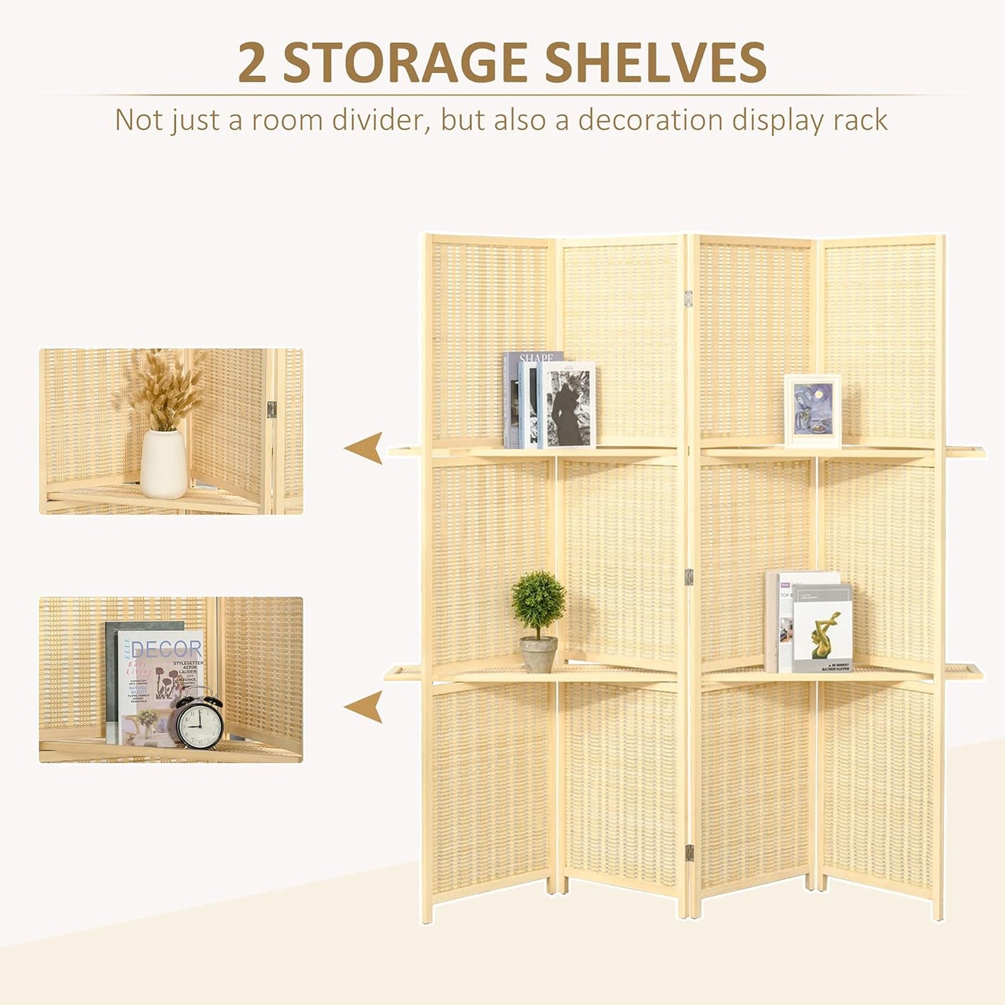 NicBex Room Divider 4 Panel Room Dividers with Storage Shelves Partition Room Dividers and Folding Privacy Screens 6 FT Wall Divider for Office, Room Separation,70.75" W x 0.75" D x 70.75" H, Natural