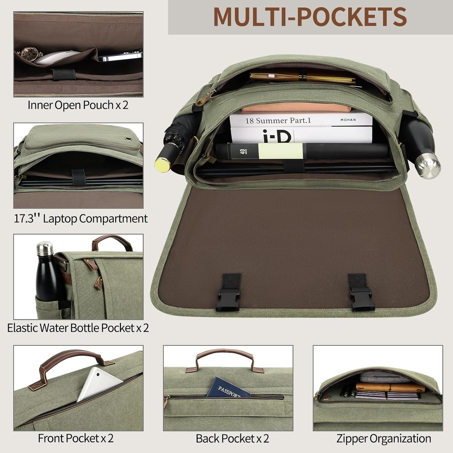 ESTARER Men's Messenger Bag 17.3 Inch, Water-resistant Canvas Laptop Bag, Computer Shoulder Bag for College Travel Work, Army Green