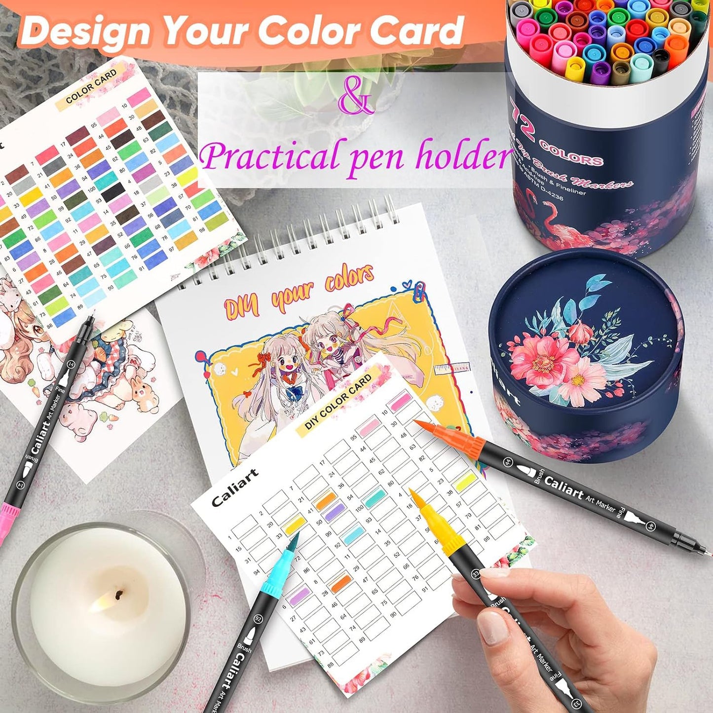 Caliart 72 Colors Dual Tip Fine & Brush Pens Art Markers, Aesthetic Cute Preppy Stuff School Supplies, Coloring Markers for Kids Artist Adult Book Cards Drawing Craft Kit Mothers Day Gift for Mom